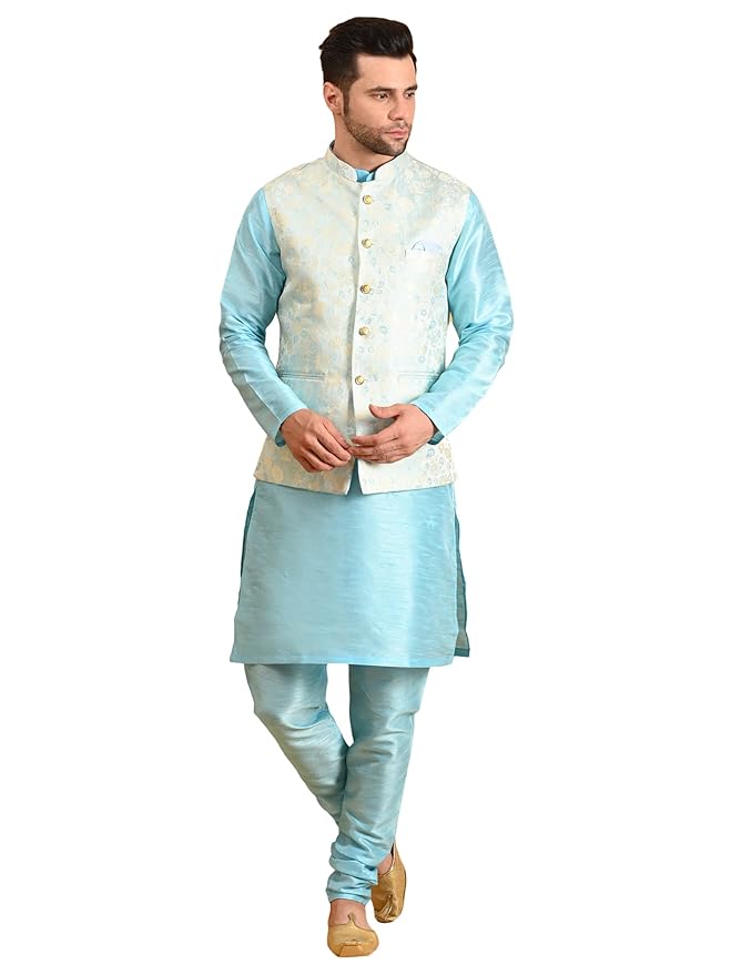 Men's Silk Blend Kurta Pajama with Designer Ethnic Nehru Jacket